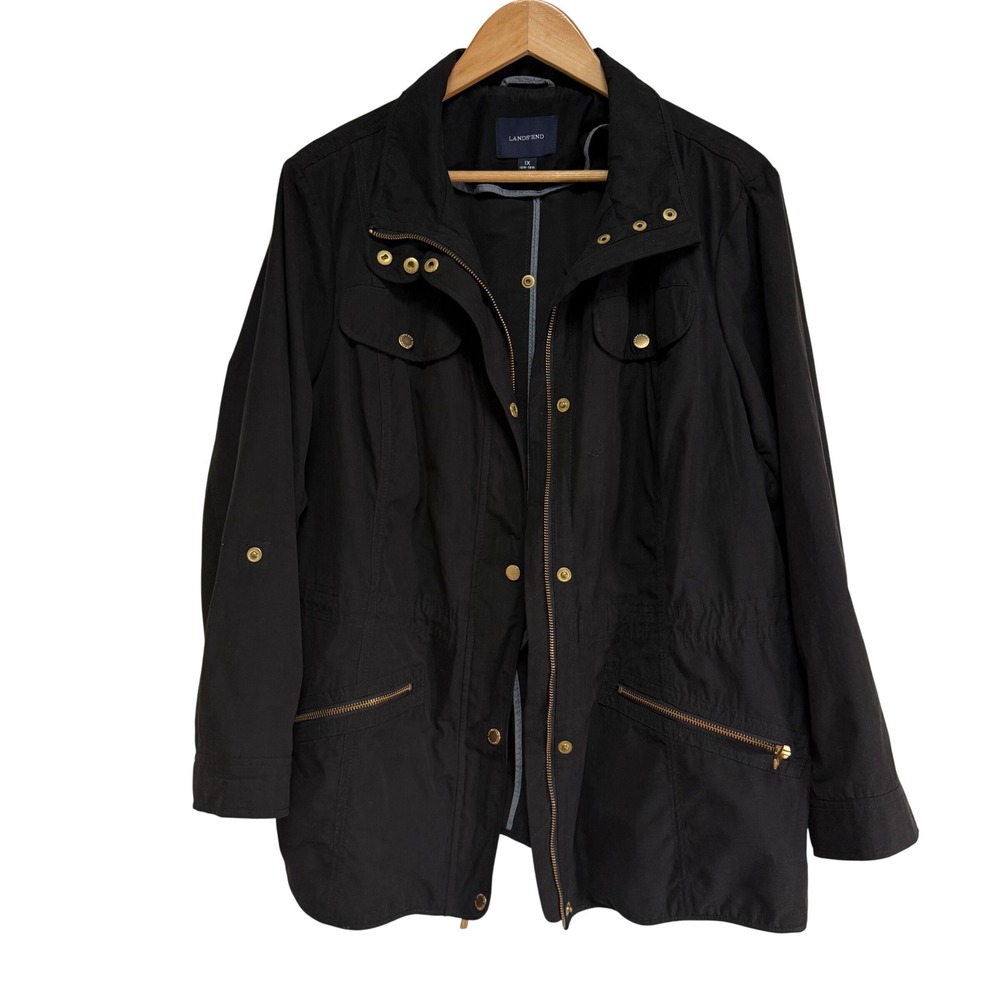 Lands End Black Utility‎ Jacket Women's 1X 16W-18W Roll Tab Sleeve Zip Pockets